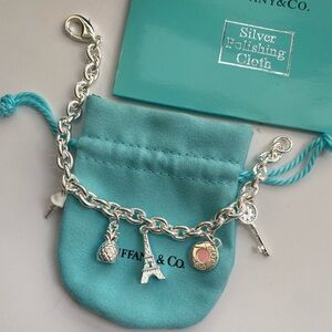 Tiffany & Co. Silver Charm Bracelet with Turquoise Pouch and Pink Accent